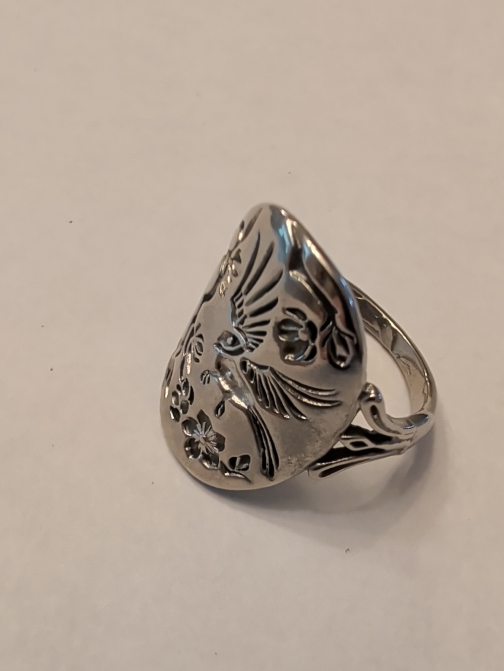 Silver Tone Bird & Floral Statement Ring - Silver
